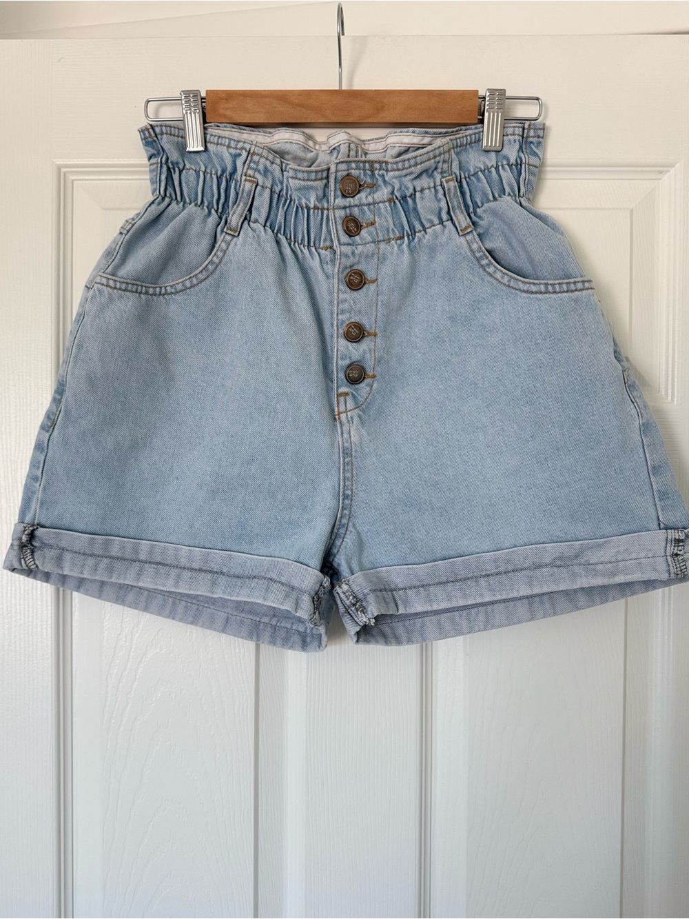 High-Waist Light Wash Paperbag Denim Shorts